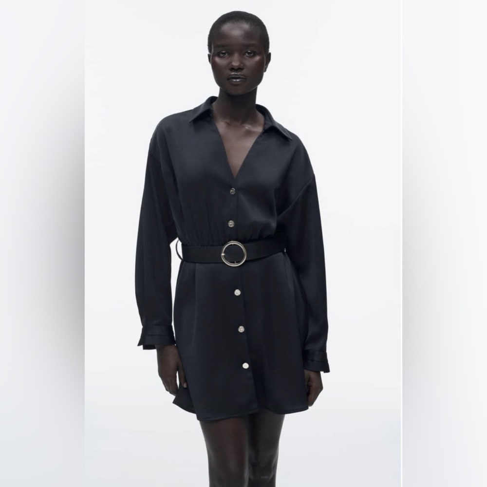 Zara🖤🖤🖤 Black Satin Effect Belted Dress - Size M - NWT